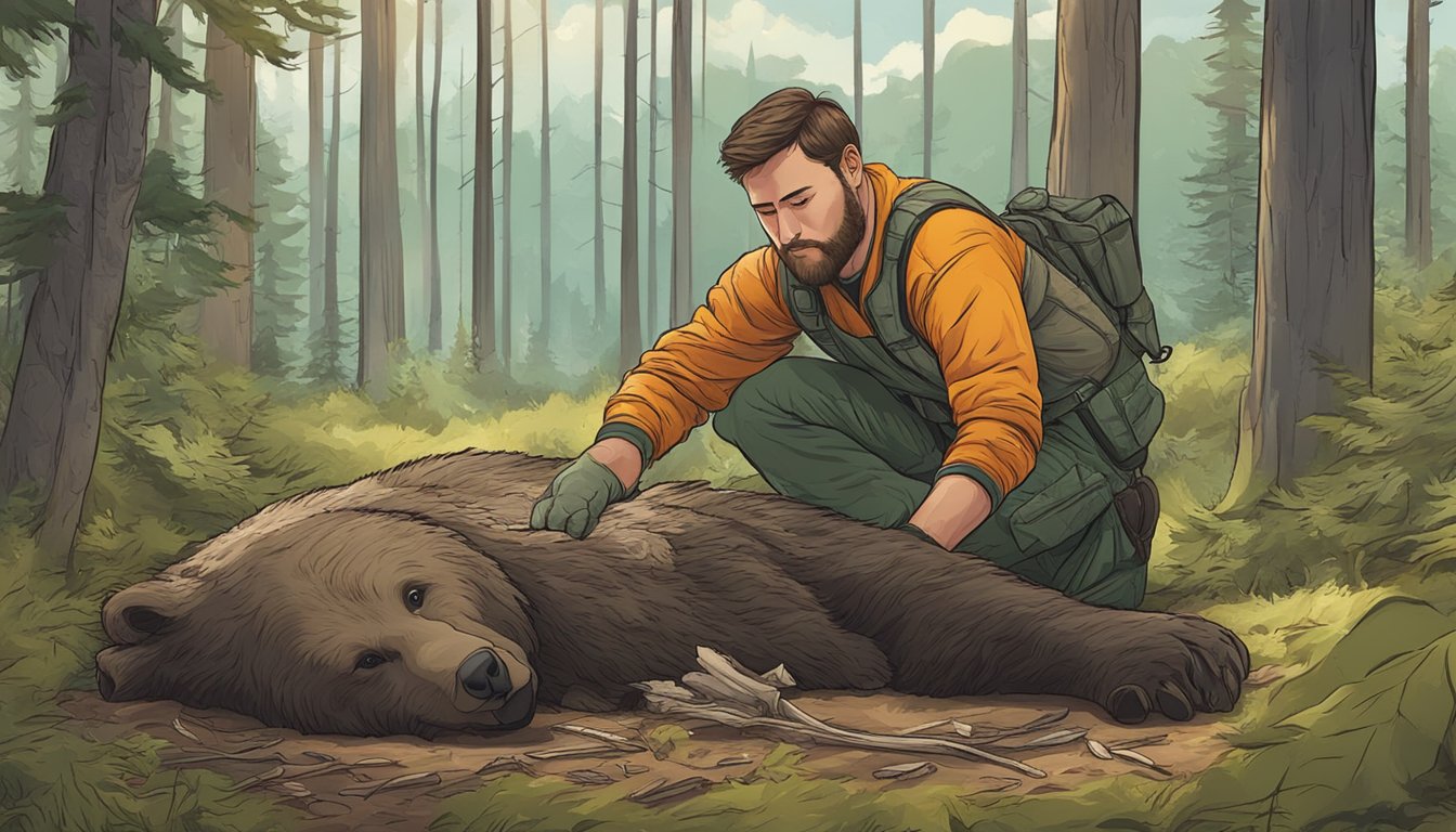 A hunter carefully removes the hide from a bear carcass in a forest clearing