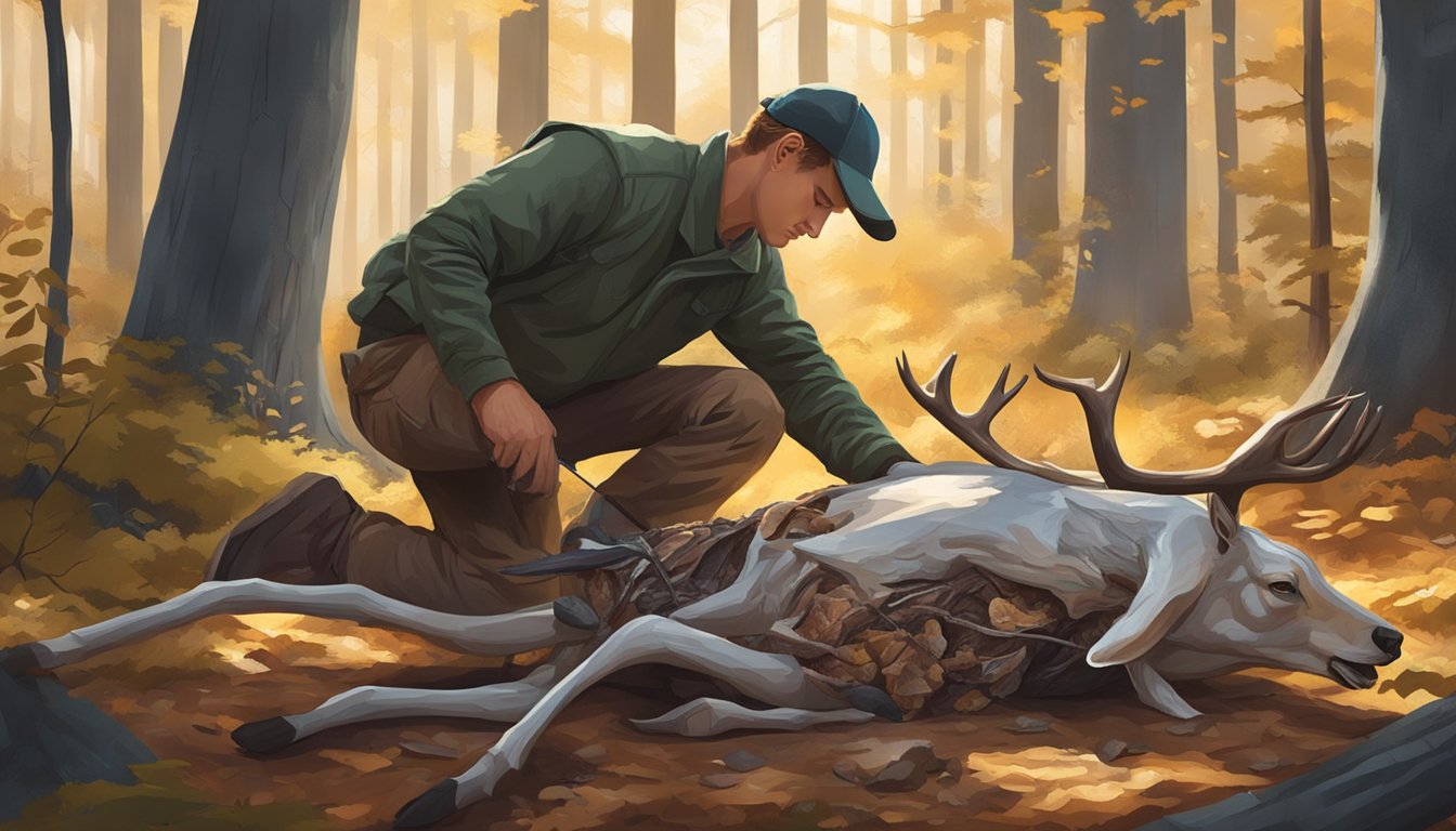 A hunter carefully removes the internal organs from a deer carcass in the warm, dappled light of the forest