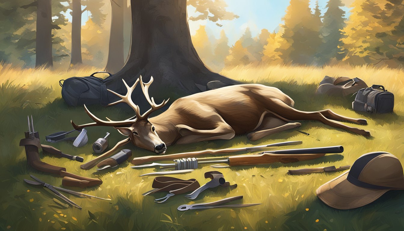 A deer carcass laid out on a grassy field with tools and a hunter's gear scattered around. Warm sunlight filters through the trees