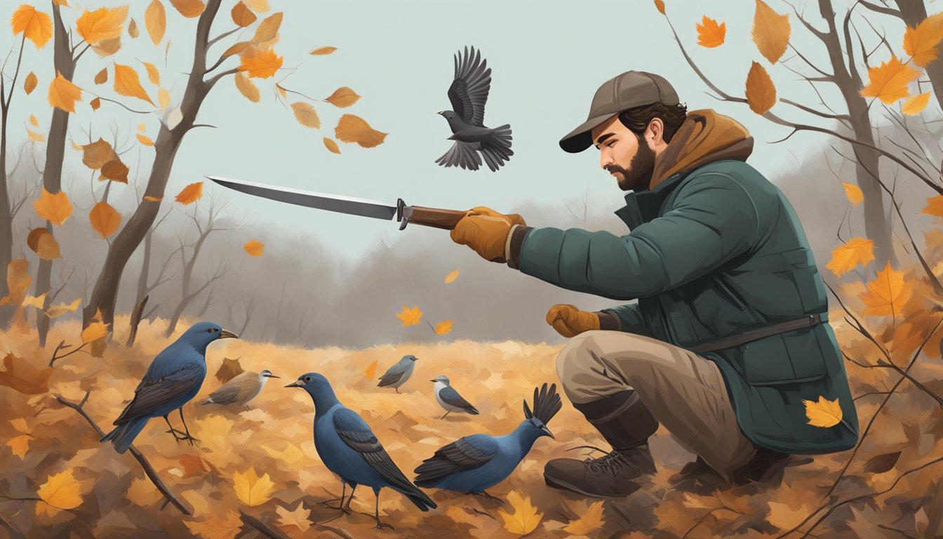 A hunter in a field, dressing birds with a knife and gloves, surrounded by fallen leaves and bare trees