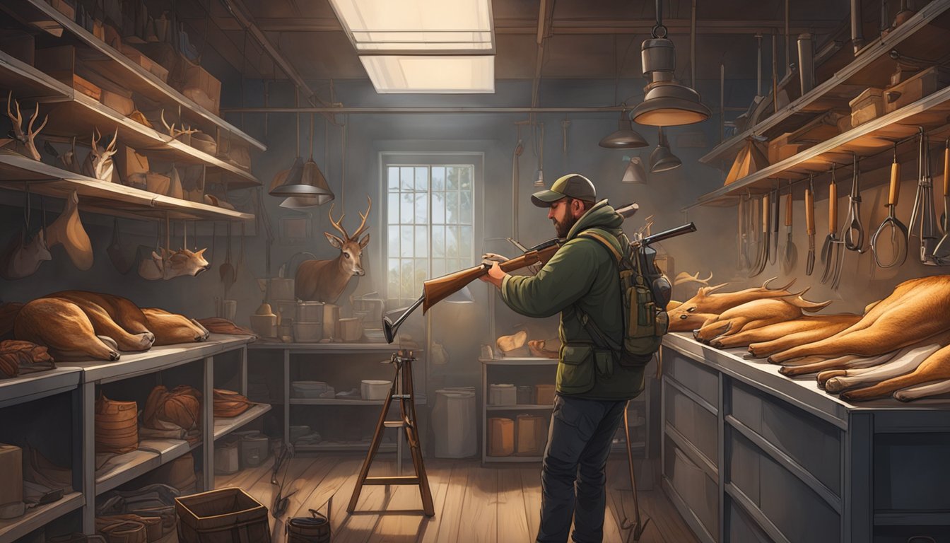 A hunter hangs a freshly dressed deer in a cool, dimly lit storage room, surrounded by tools and equipment for preserving the meat