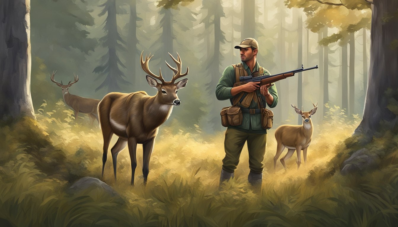 A hunter carefully field dresses a deer, surrounded by the peaceful forest