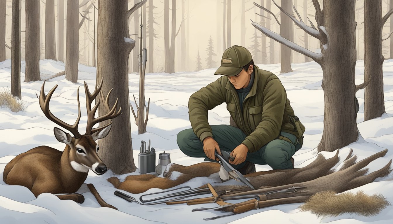 A hunter lays out tools for field dressing a blacktail deer