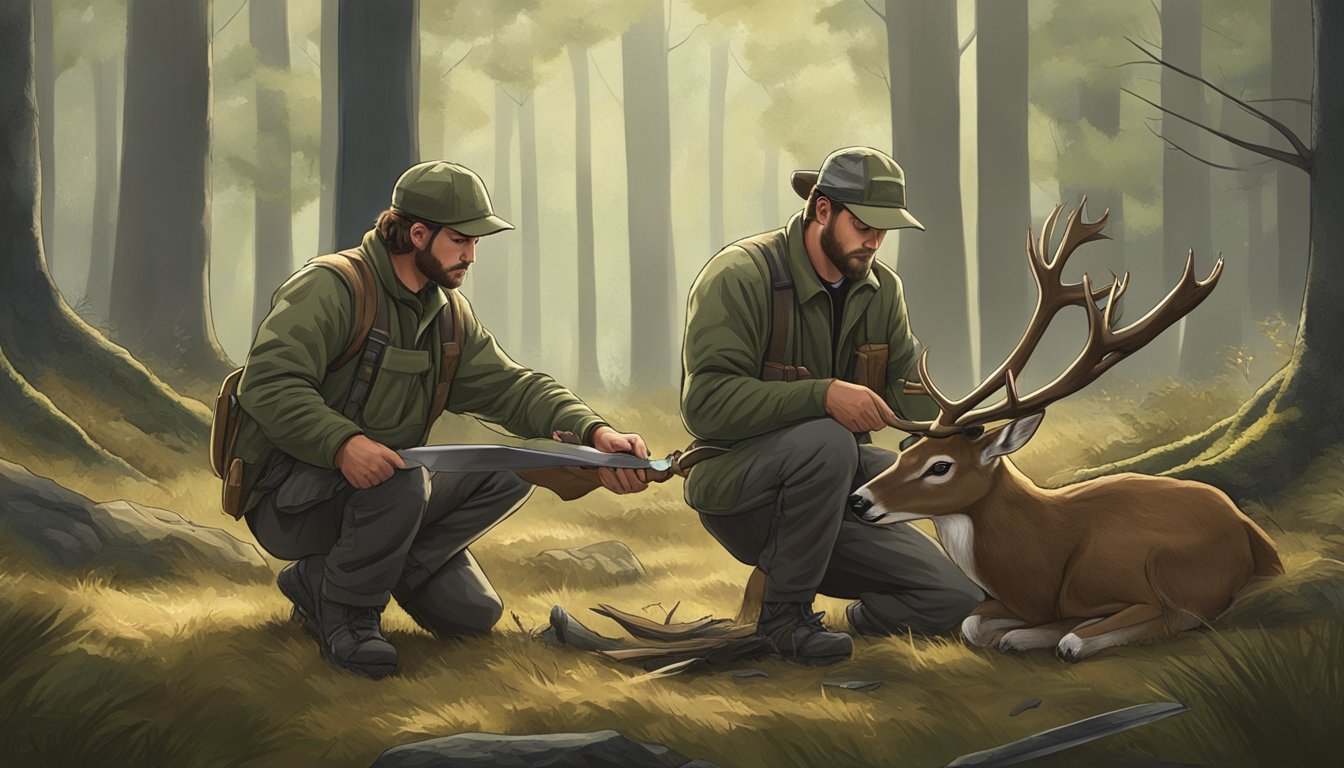 A hunter kneeling beside a deer in a forest clearing, carefully using a knife to remove the hide and organs