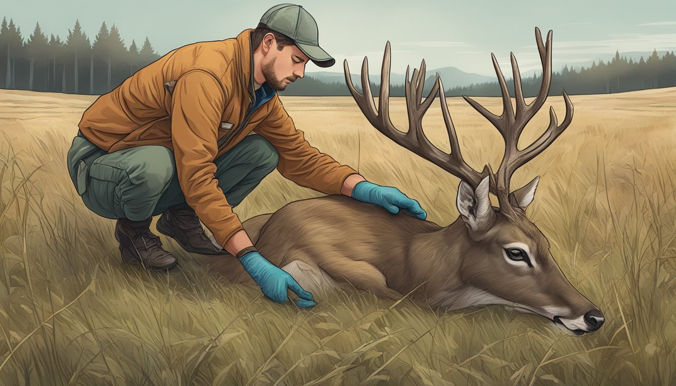 A hunter carefully makes incisions and removes organs from a deer in a field