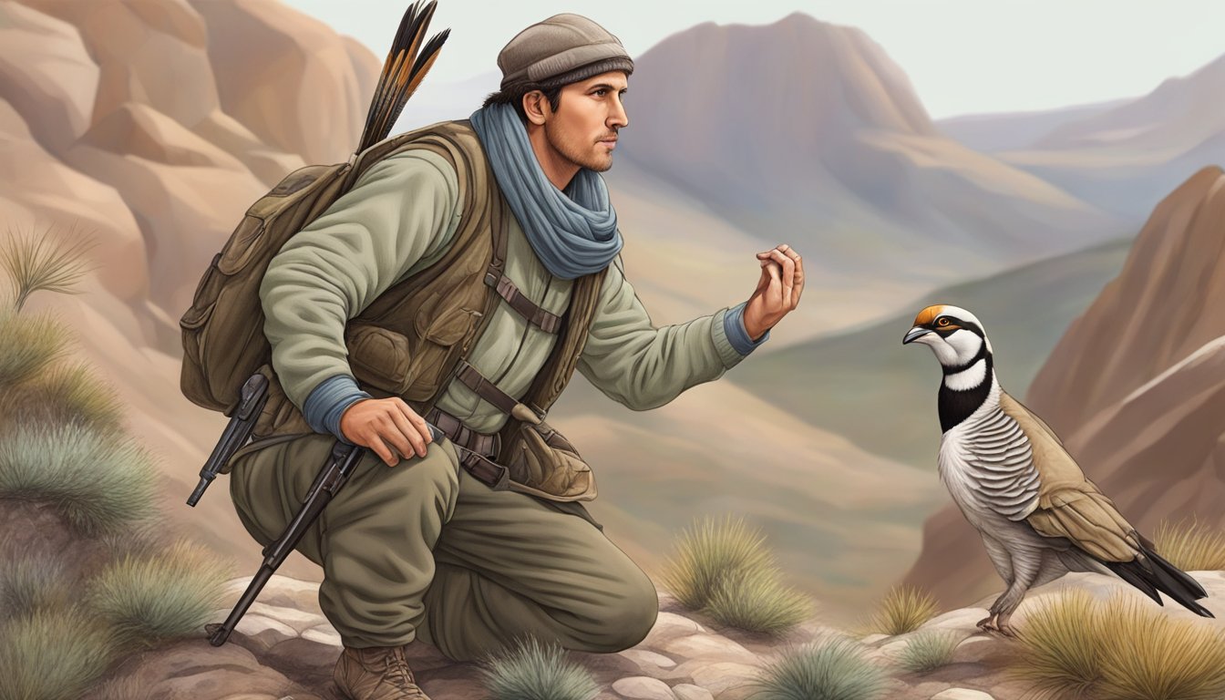 A hunter skillfully field dresses a chukar, surrounded by rocky terrain and sparse vegetation. The bird's feathers are ruffled and its chest cavity is exposed