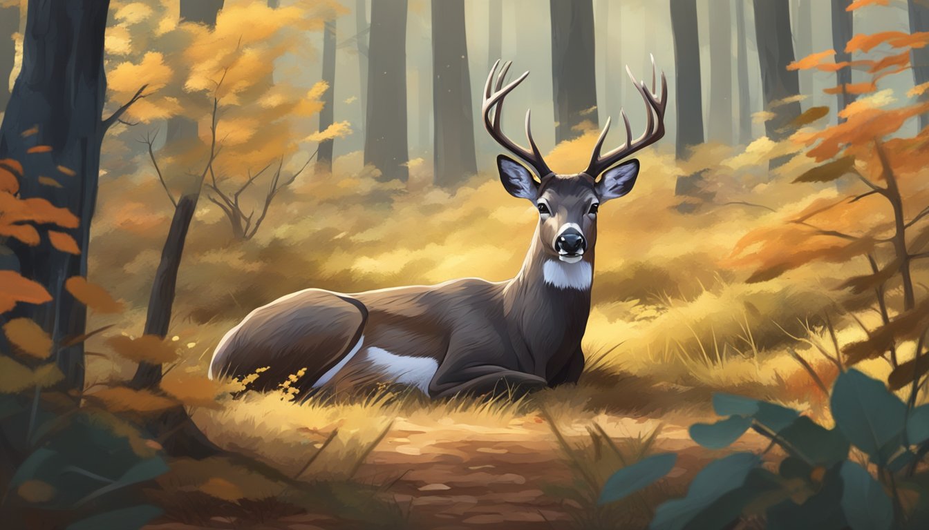 A blacktail deer lies in a forest clearing, its chest cavity open from field dressing. Blood stains the ground and nearby foliage