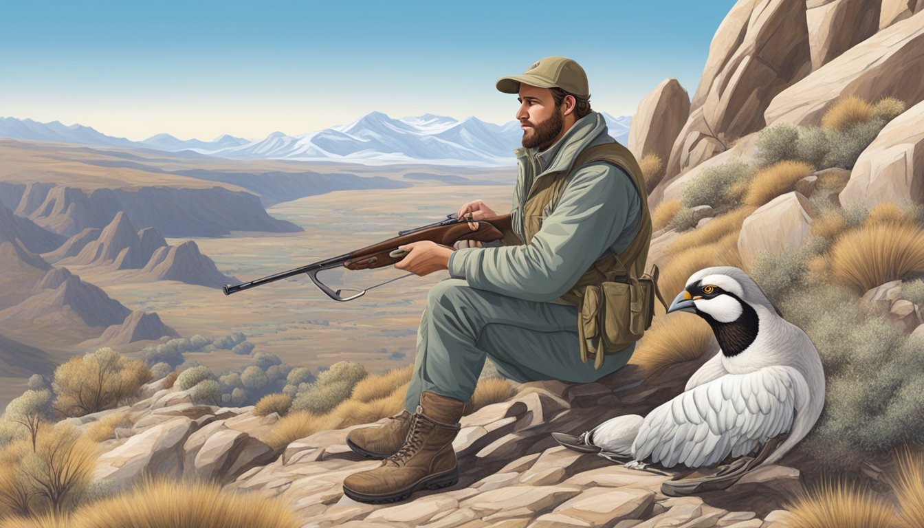 A hunter field dressing a chukar, surrounded by rocky terrain with a backdrop of a clear blue sky