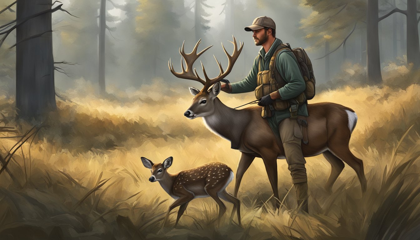 A hunter carefully field dresses a deer, following ethical concerns and regulations for safe and respectful handling