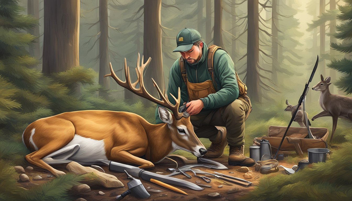 A hunter carefully removes the bladder from a deer carcass, surrounded by tools and a forest backdrop