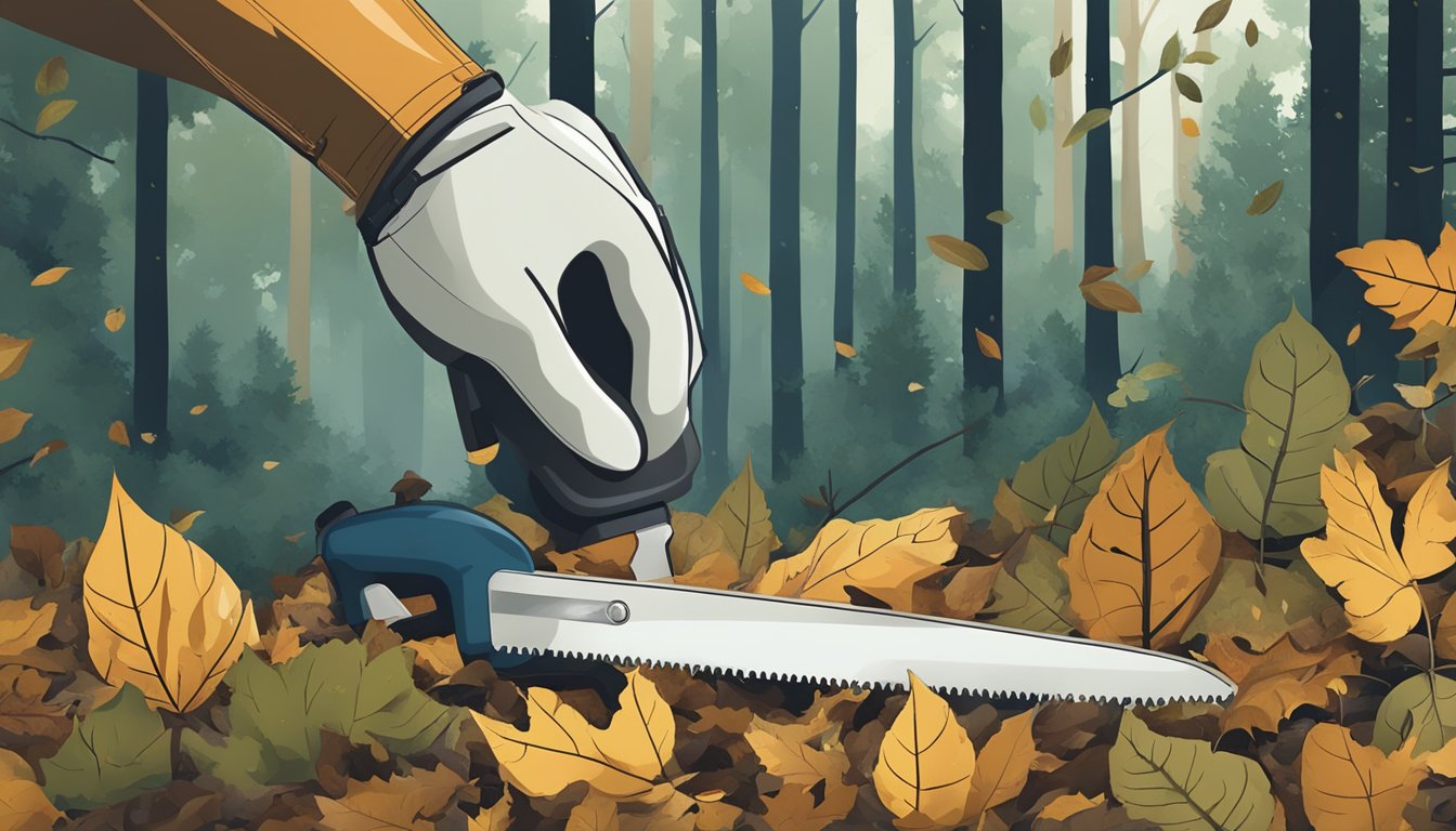 A gloved hand holds a bone saw against a backdrop of forest floor and scattered leaves