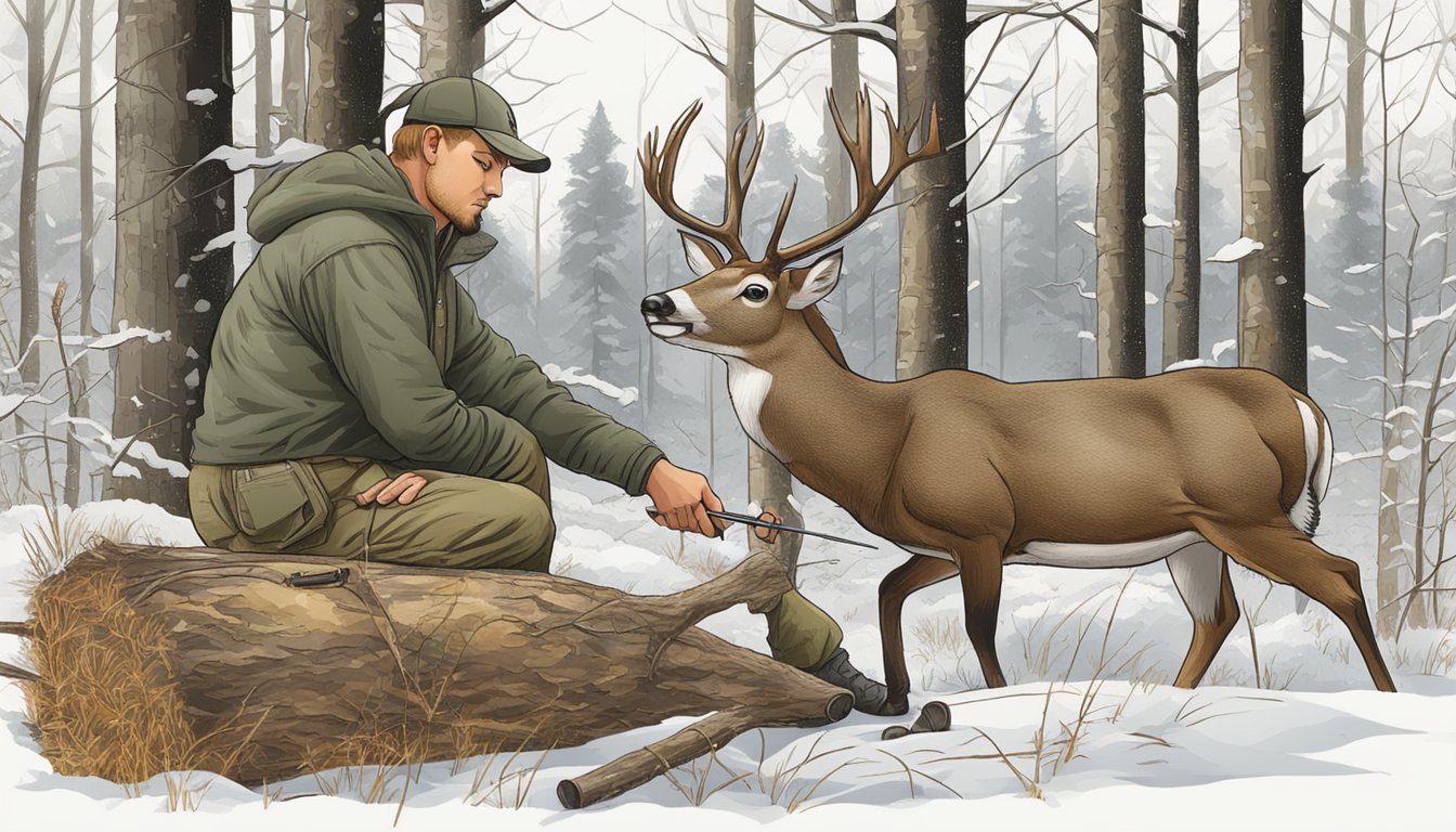 A hunter makes precise cuts to remove the bladder from a freshly harvested deer