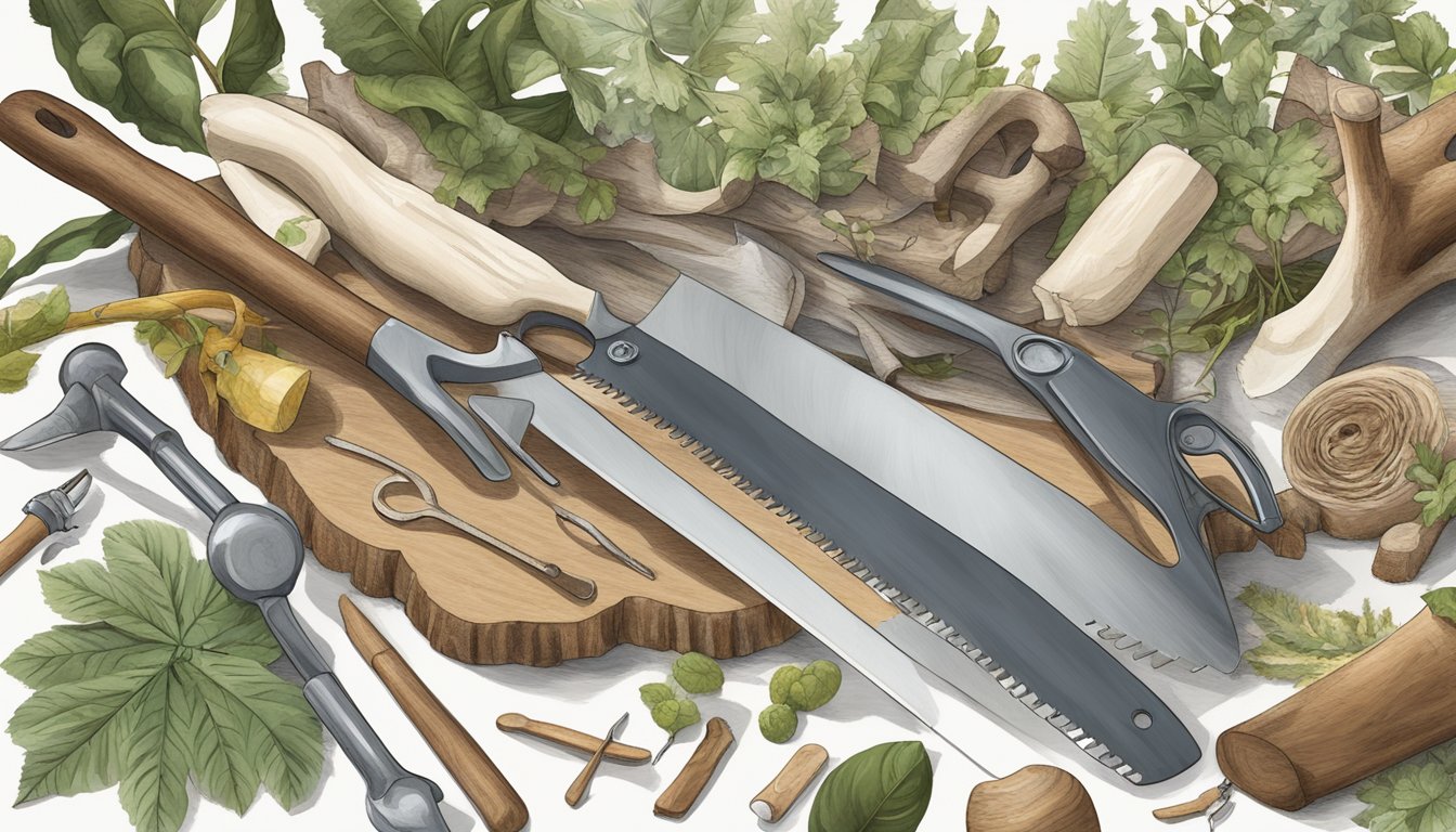 A gloved hand holds a bone saw above a deer carcass, surrounded by tools and foliage