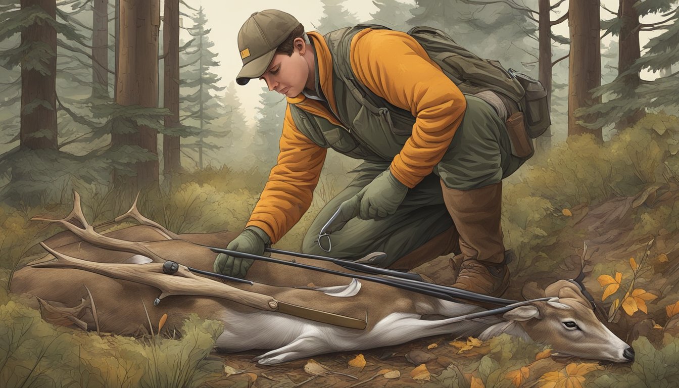 A hunter carefully removes the bladder from a freshly killed deer, surrounded by the tools and materials needed for field dressing