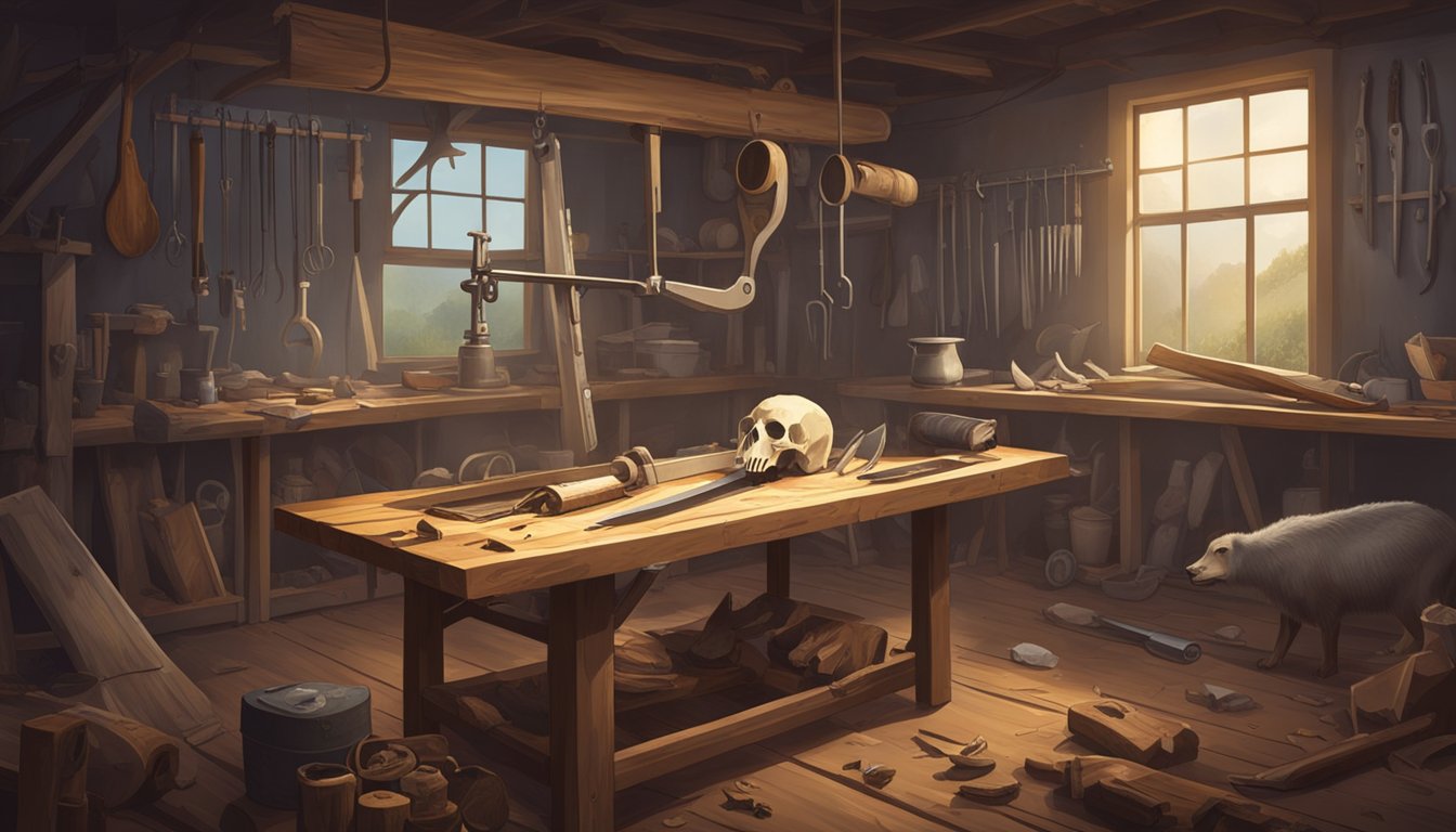 A bone saw rests on a wooden table surrounded by tools and animal carcasses in a dimly lit field dressing station