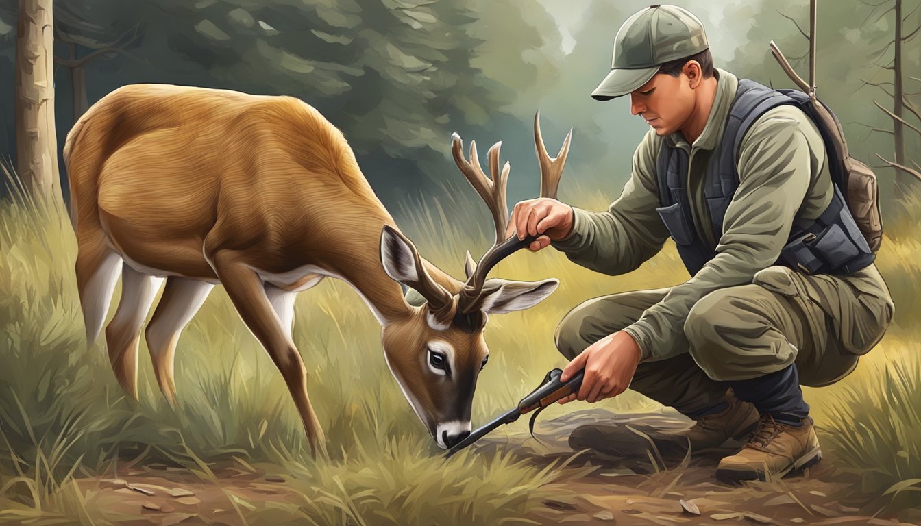 A hunter carefully removes the bladder from a freshly field-dressed deer