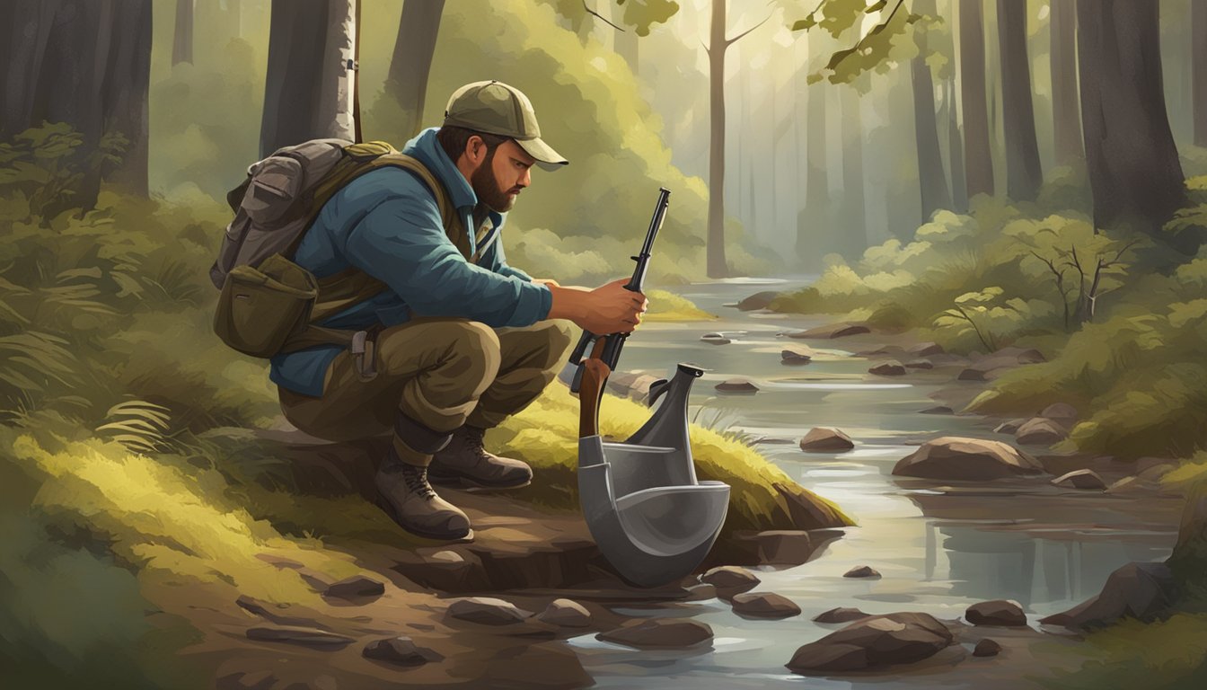 A hunter rinses and packs freshly dressed game in a forest clearing