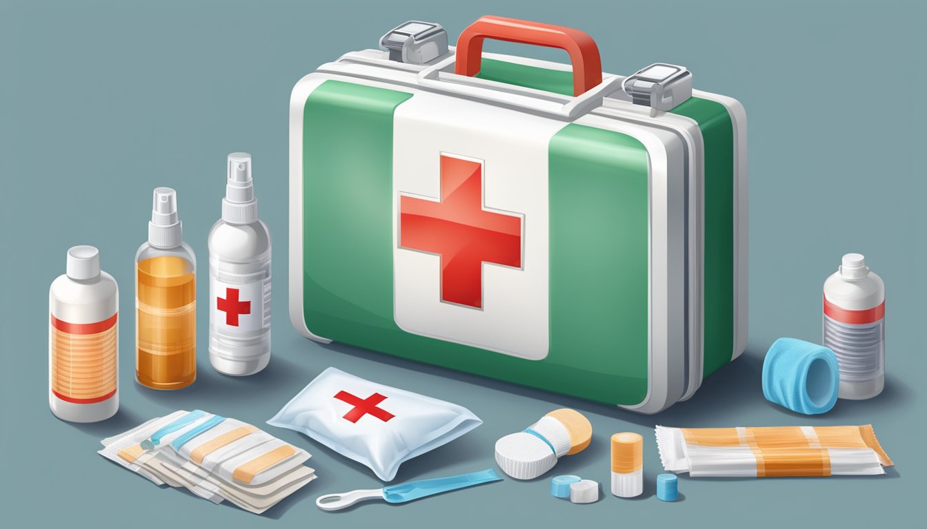 A first aid kit open on a clean surface, with bandages, gauze, and antiseptic spray neatly arranged