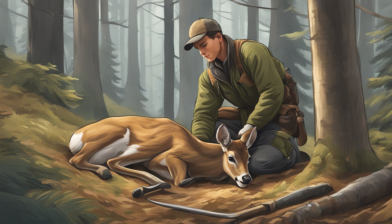 A hunter in the woods, carefully removing the hide from a freshly killed deer, following ethical and legal guidelines for field dressing