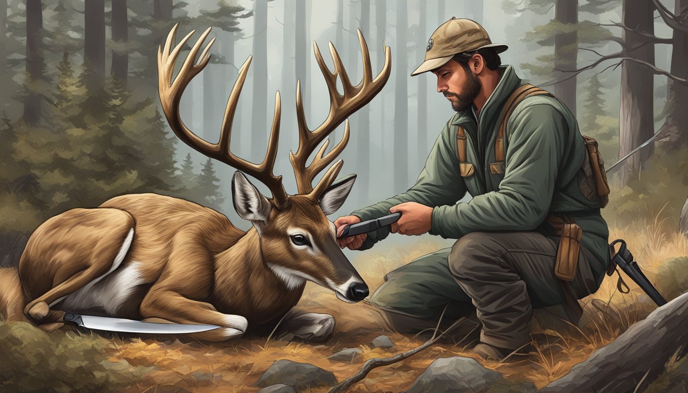 A hunter kneeling beside a freshly killed deer, using a sharp knife to carefully remove the hide and organs