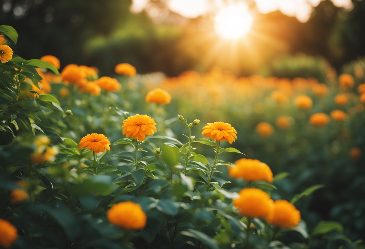 A vibrant orange sun setting over a lush garden with blooming flowers and ripe fruits, radiating a healthy glow