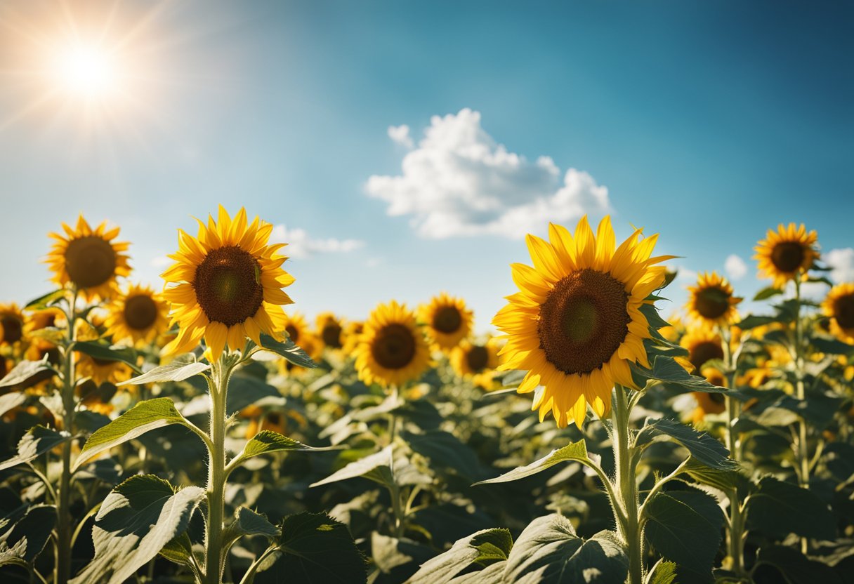 A vibrant sunflower field with clear blue skies, representing the radiant and healthy complexion achieved with the help of Vitamin B3