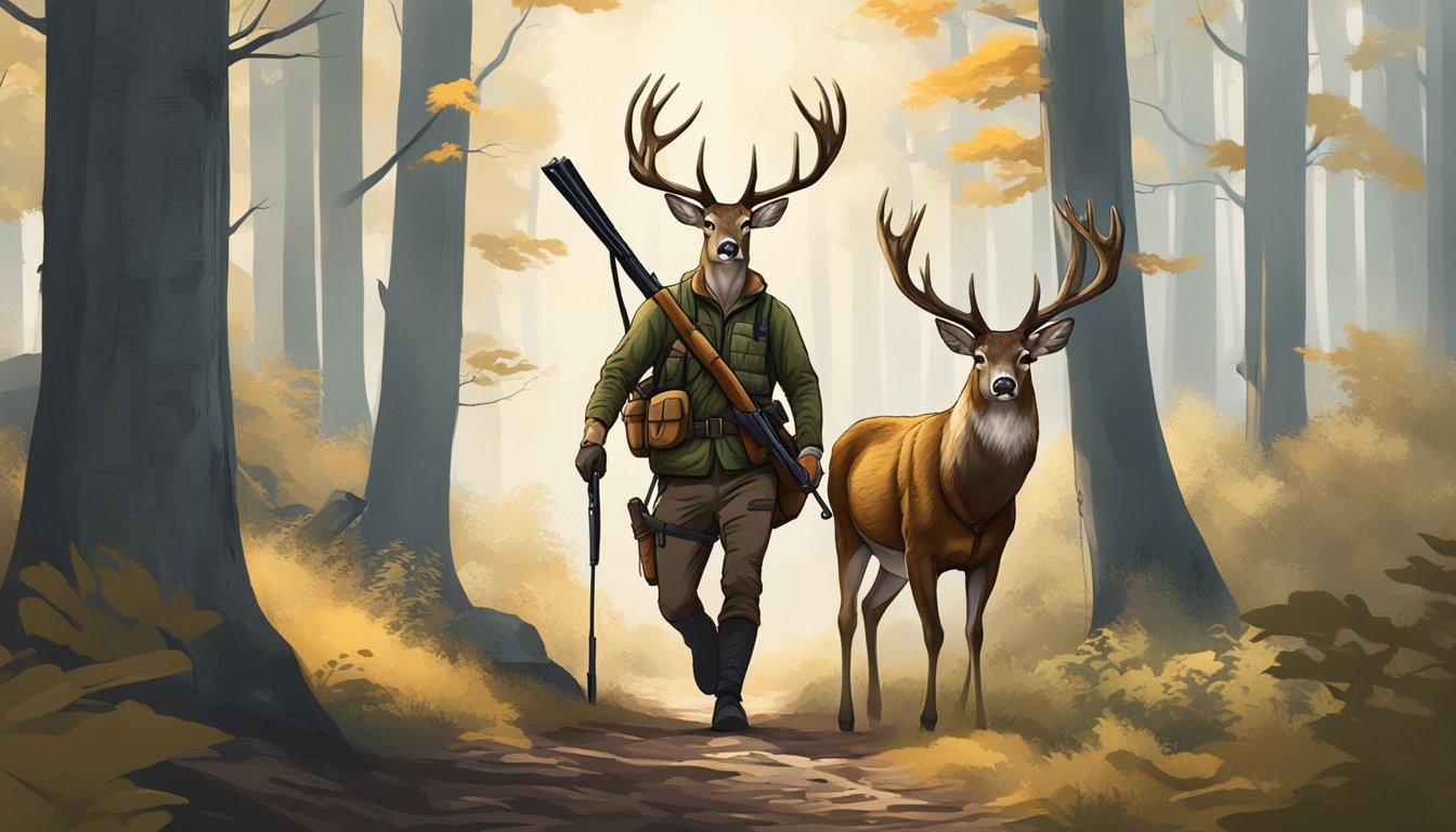 A hunter carrying a freshly field-dressed deer through a forest