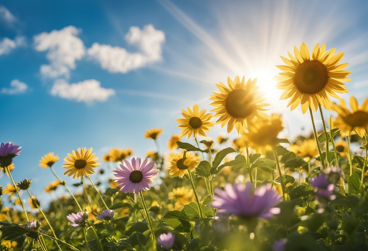 A radiant sunburst over a clear blue sky, illuminating a lush field of blooming flowers in various vibrant colors, showcasing the benefits of Niacinamide for a brighter, healthier complexion