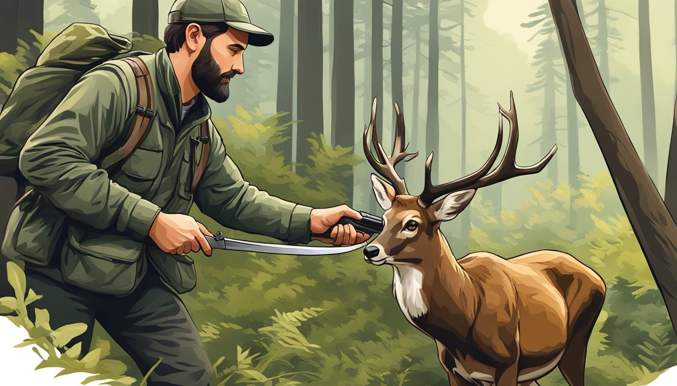 A hunter in a forest, using a knife to field dress a deer