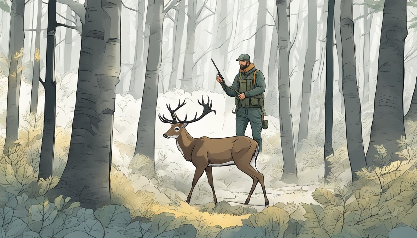 A hunter in a forest carefully field-dressing a deer, with emphasis on safety and ethical considerations