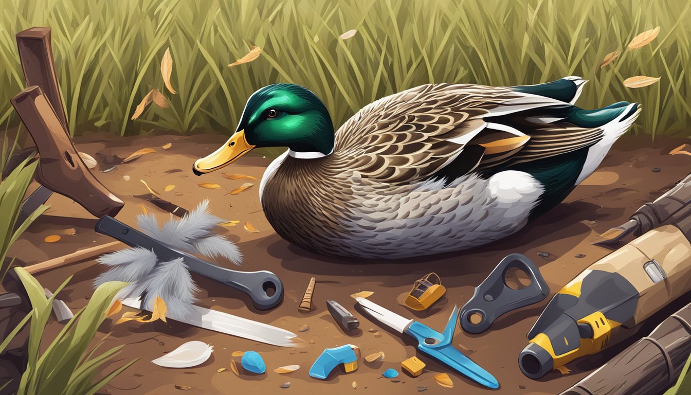 A duck lies on the ground surrounded by tools and discarded feathers. Blood stains the grass