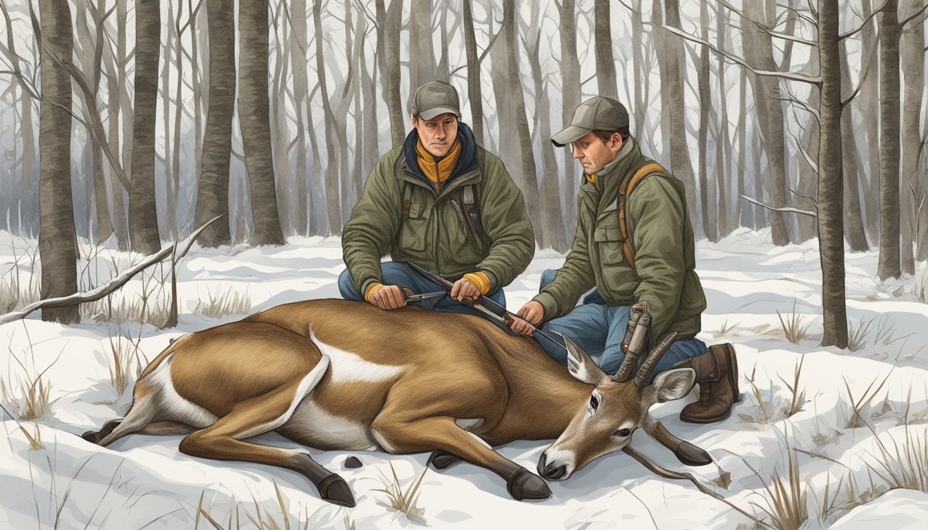 A hunter carefully splits a deer's pelvis during field dressing