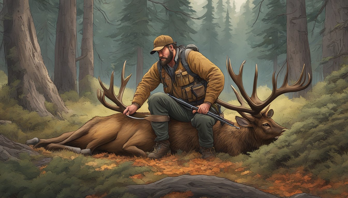 A hunter struggles to field dress an elk, blood and guts spilling onto the forest floor