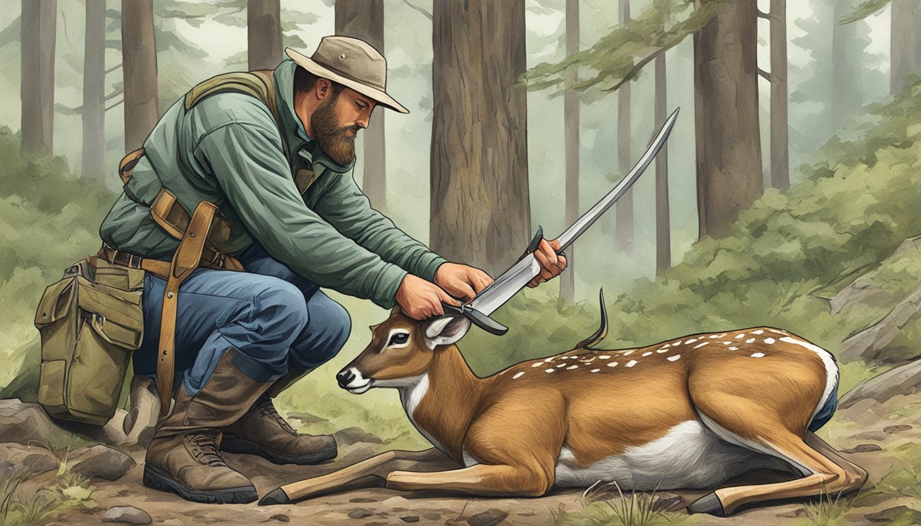 A hunter using a knife to split a deer's pelvis for field dressing