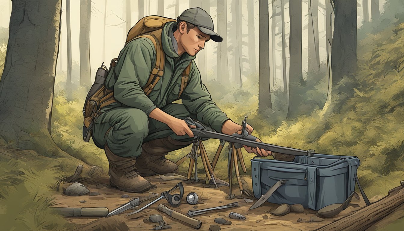 A hunter in a forest, kneeling beside a split pelvis of a deer, with tools and equipment for field dressing