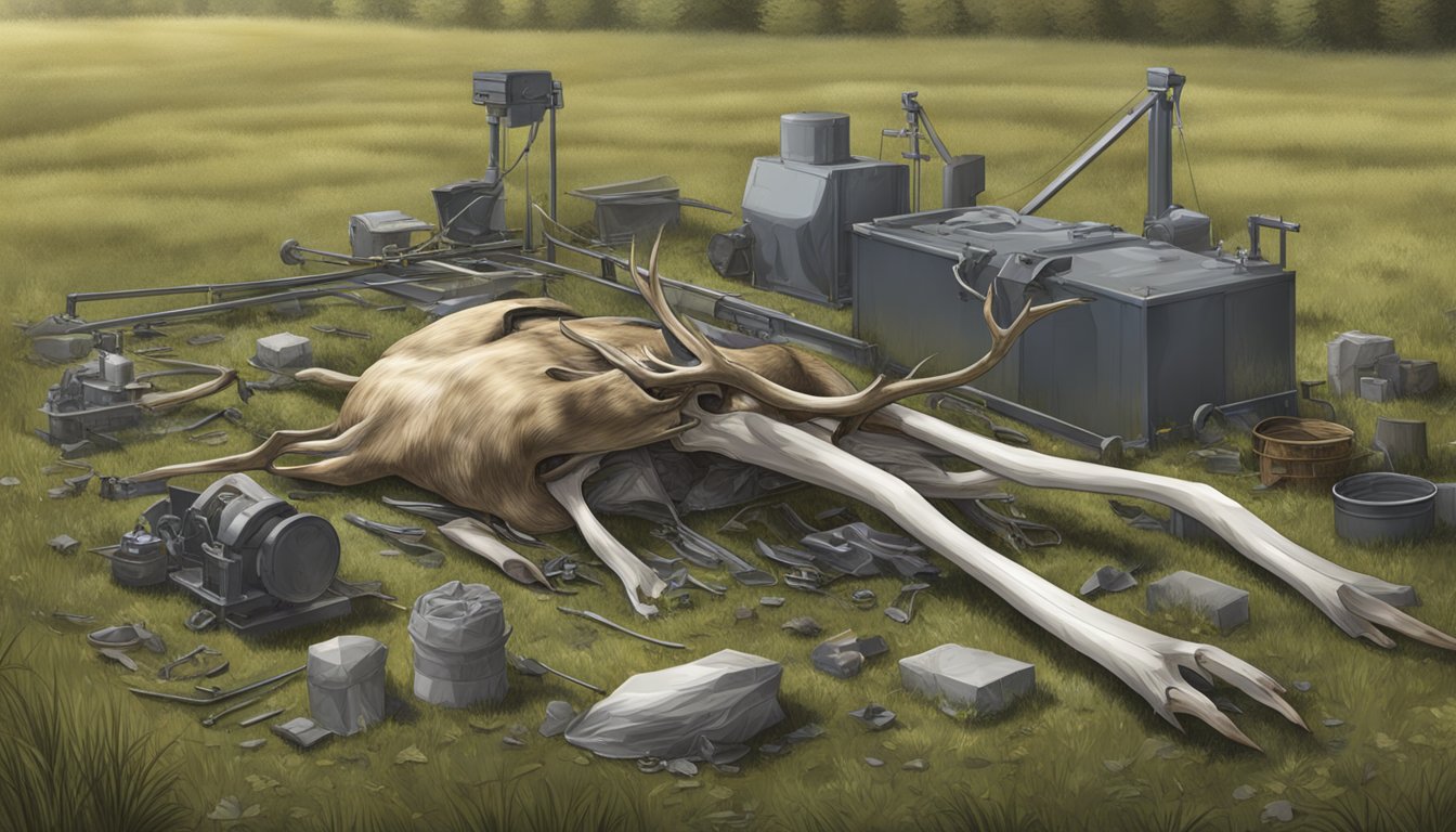 A deer carcass split at the pelvis lies in a field, surrounded by equipment for processing and storage