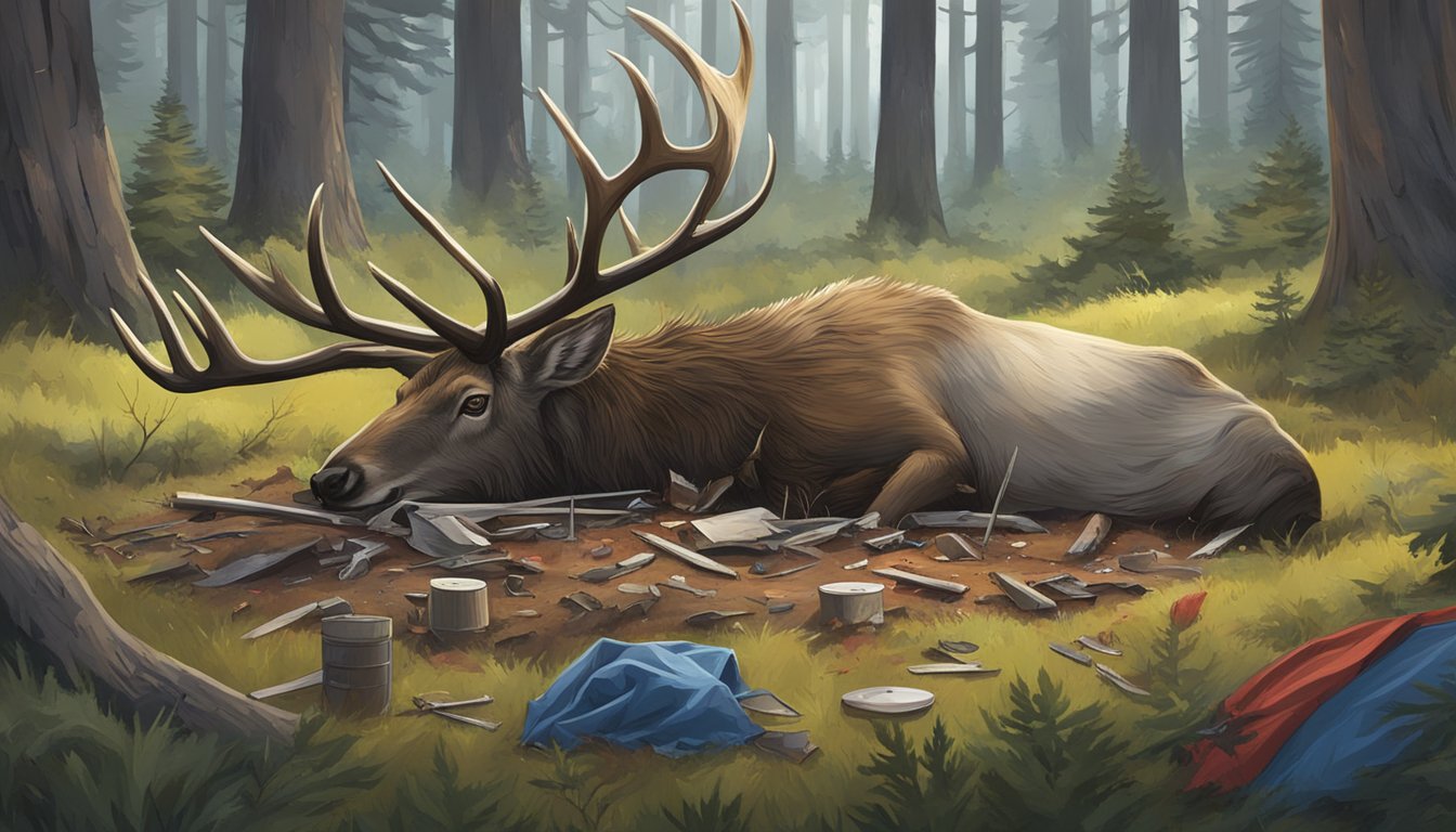 An elk carcass lies partially dismembered in a forest clearing, surrounded by scattered tools and a torn, blood-soaked tarp