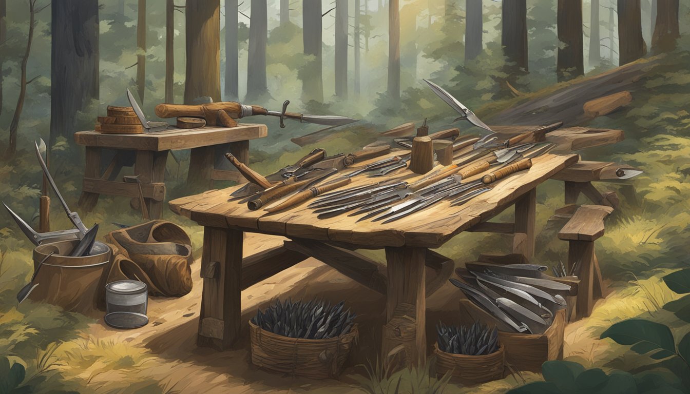 A forest clearing with a large, rustic table covered in hunting knives, animal pelts, and various tools for field dressing