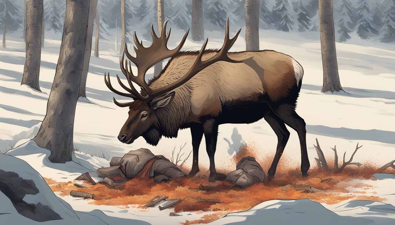 A hunter struggles to field dress an elk, blood splatters on the ground and the animal's carcass as he fumbles with the process