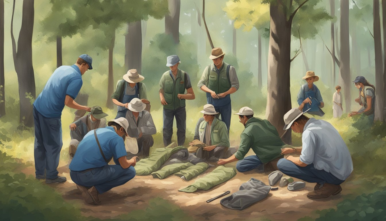 A group of people learning field dressing techniques outdoors, surrounded by trees and wildlife