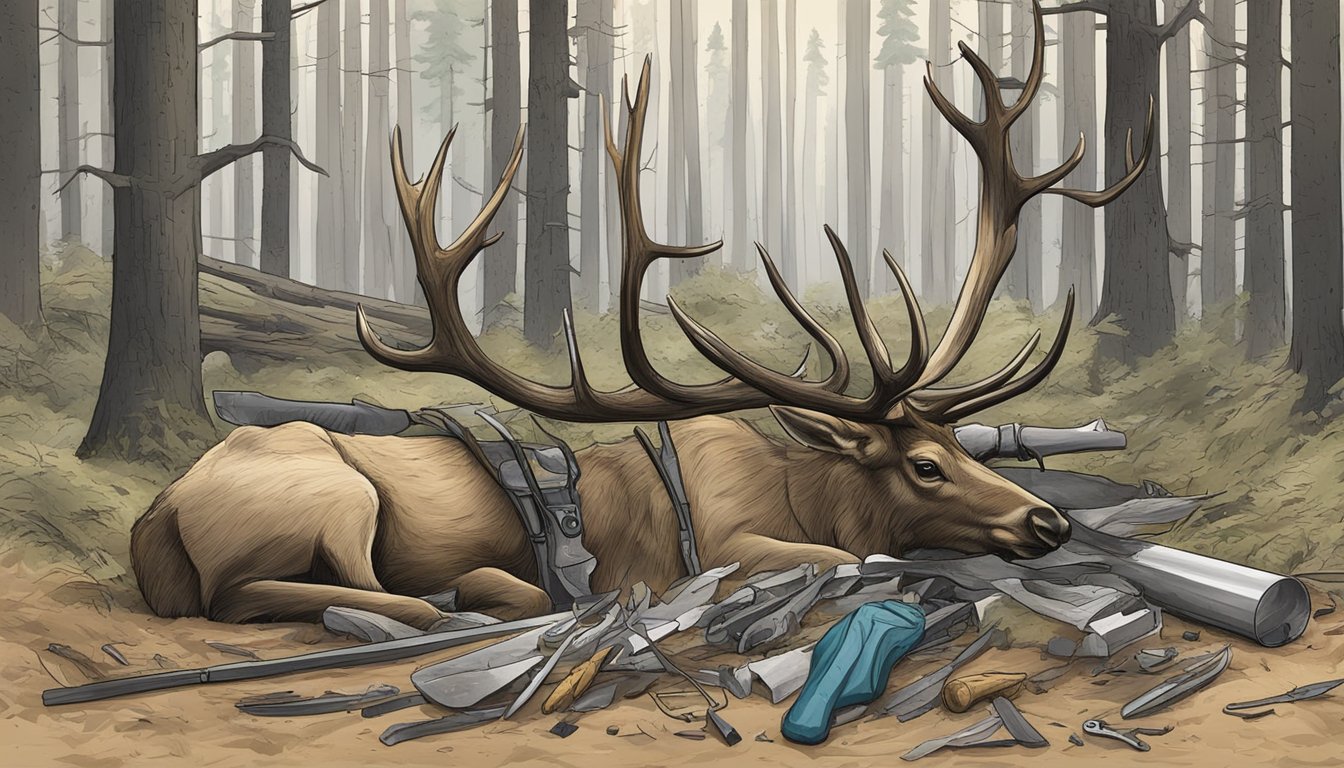 An elk carcass lays untouched in the forest, surrounded by discarded tools and a failed attempt at field dressing