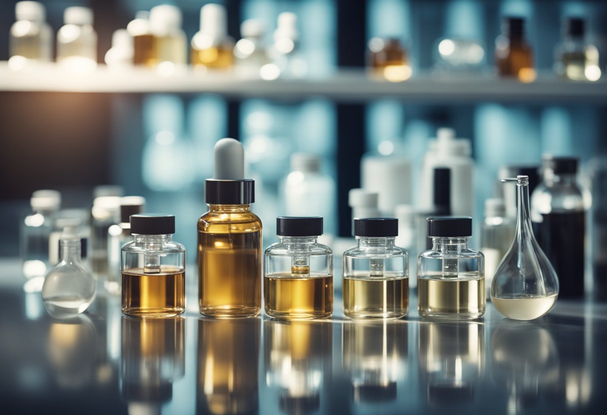 A laboratory table with various serum bottles, test tubes, and skincare ingredients. A scientist carefully examines and selects the best serum for oily skin