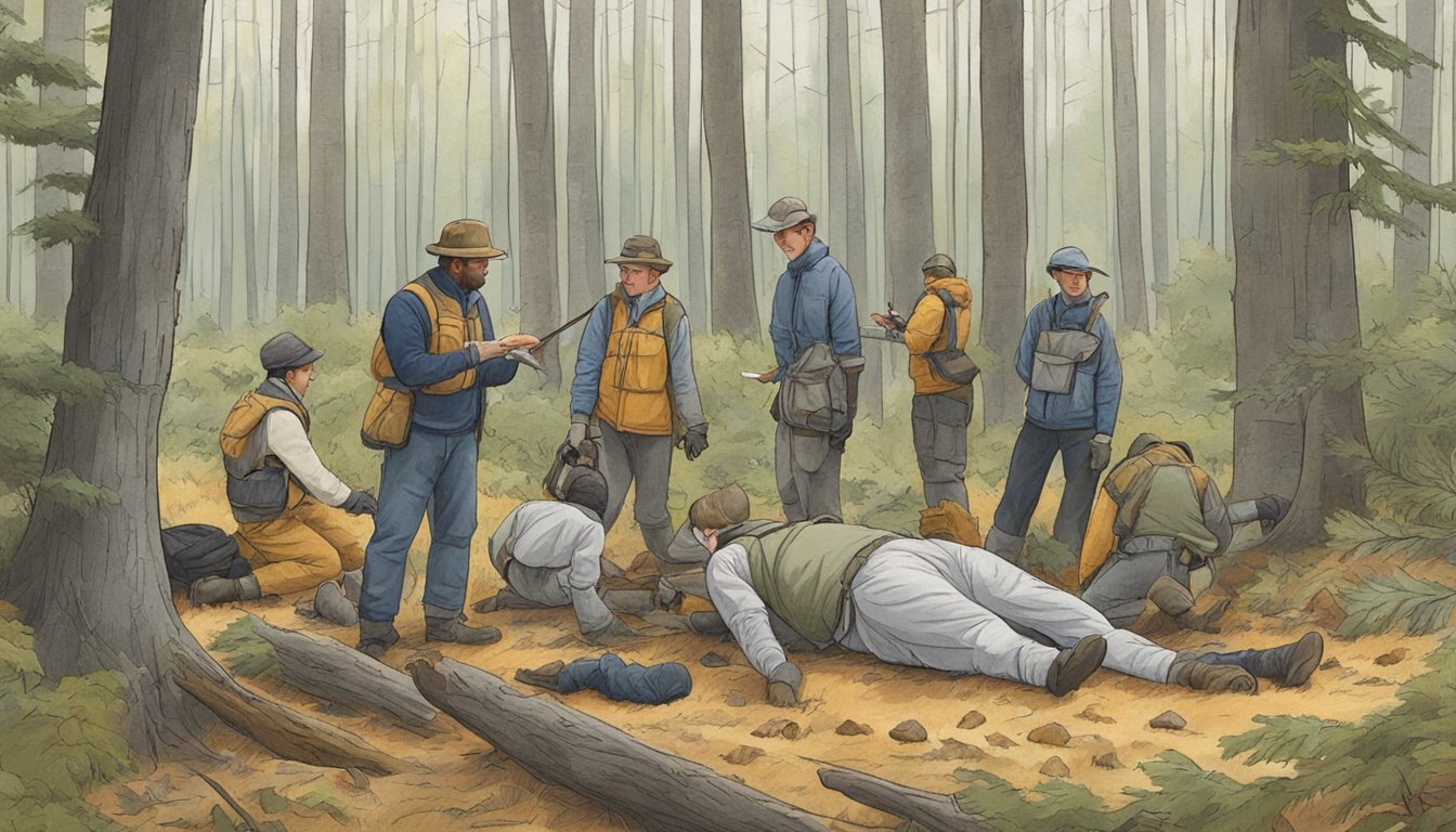 A group of people gather in a wooded area, surrounded by trees and wildlife, as an instructor demonstrates field dressing techniques on a deer carcass