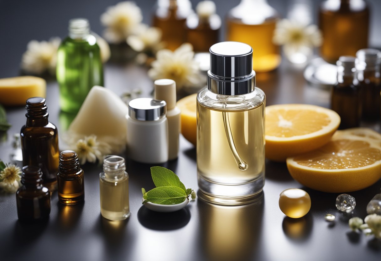 A clear bottle of serum surrounded by various skincare ingredients and a backdrop of shiny, oily skin