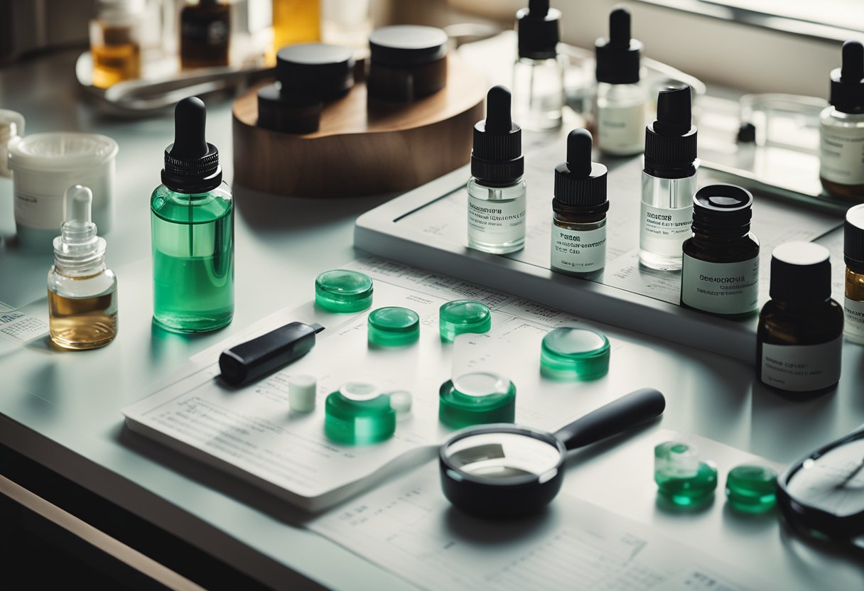 A laboratory table with various serum ingredients and bottles, a magnifying glass, and a chart showing tips for choosing the best serum for oily skin