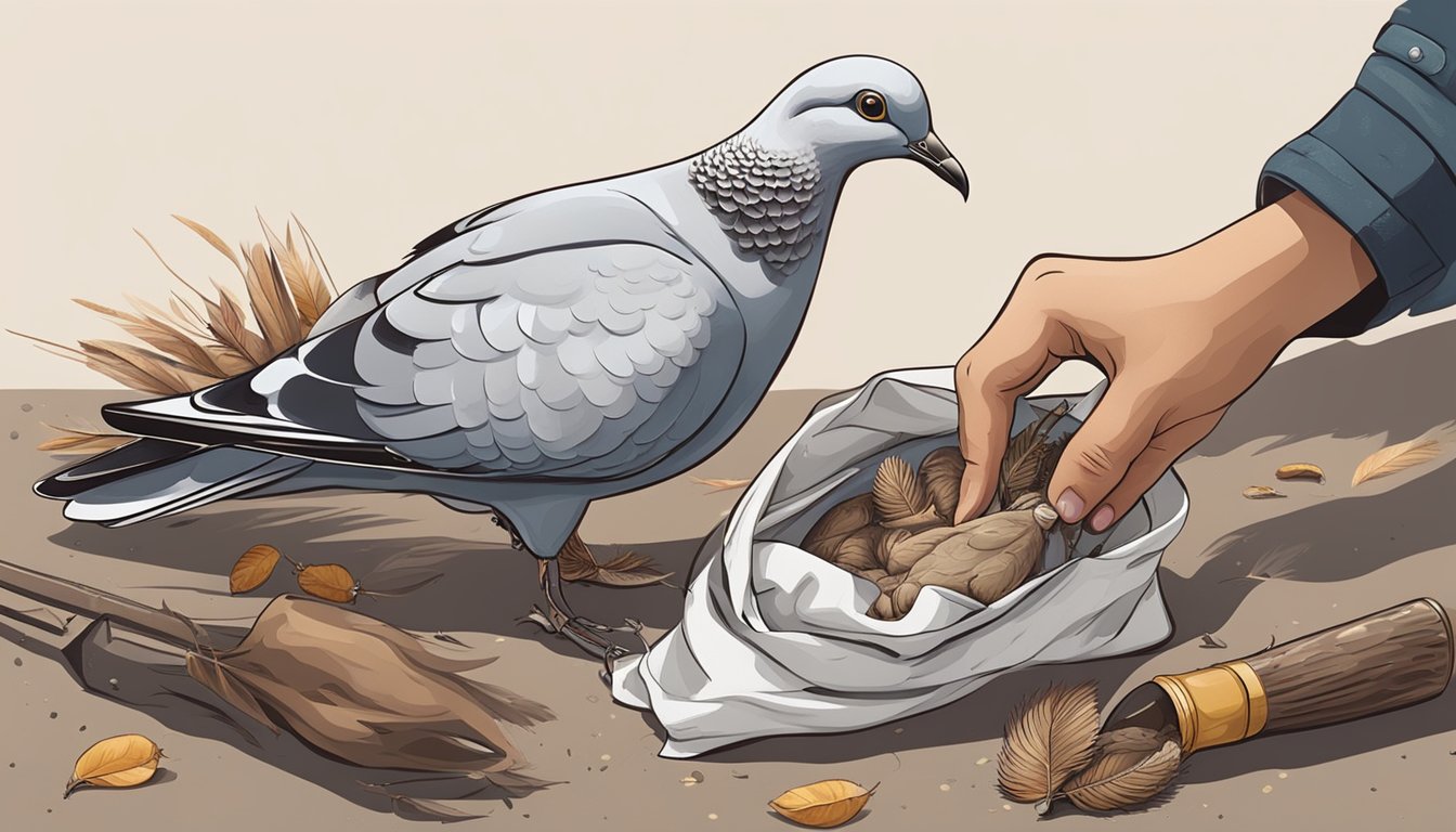 A pair of hands holding a freshly caught dove, a knife, and a small bag for collecting the innards. Feathers are scattered on the ground