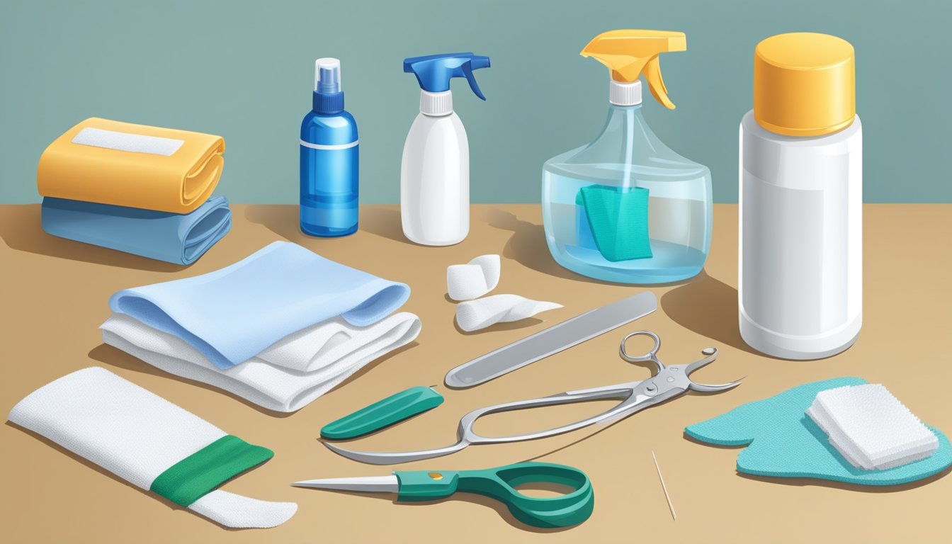 A clean, organized work surface with sterile bandages, gloves, scissors, and antiseptic spray