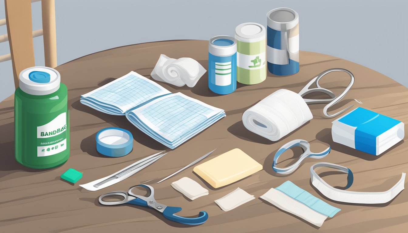 A table with medical supplies: bandages, gauze, antiseptic wipes, scissors, and tape. A first aid manual sits open nearby