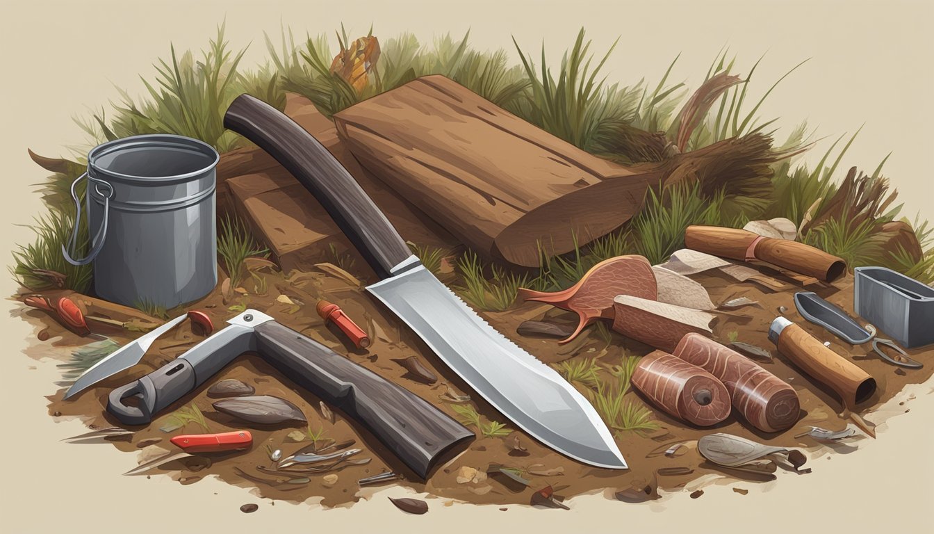 A blood-stained hunting knife and a pile of discarded deer entrails lay on the forest floor, surrounded by scattered field dressing tools and a gutting bucket