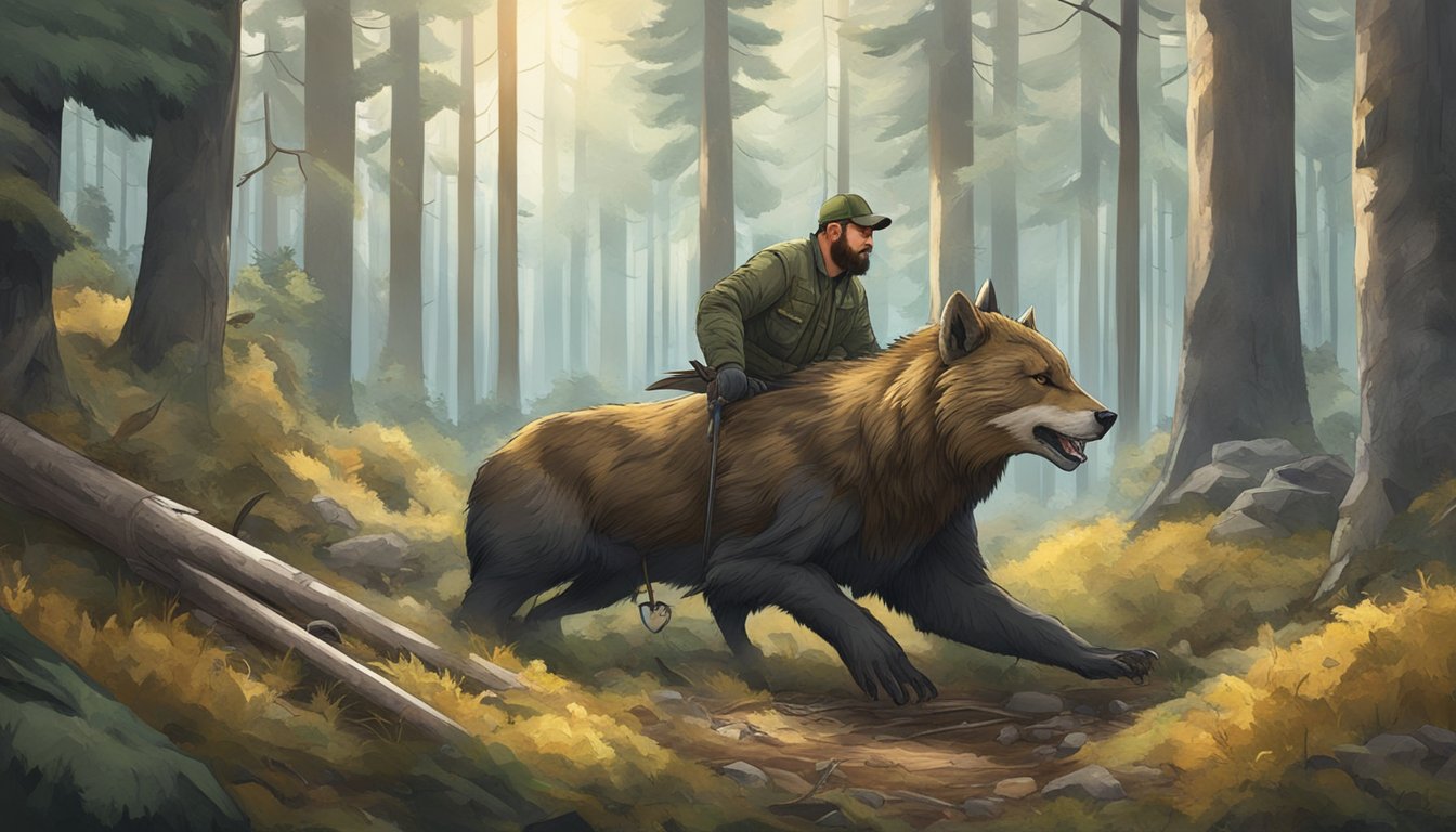 A hunter carefully skins and guts a slain beast in the forest clearing